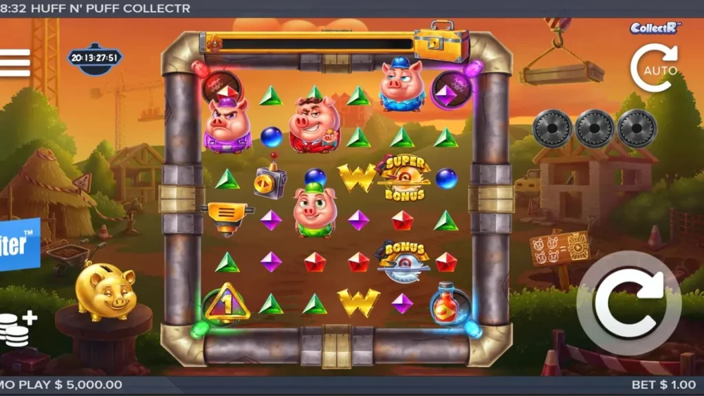 Tampilan visual slot Huff n Puff CollectR dengan tema babi konstruksi dan serigala.