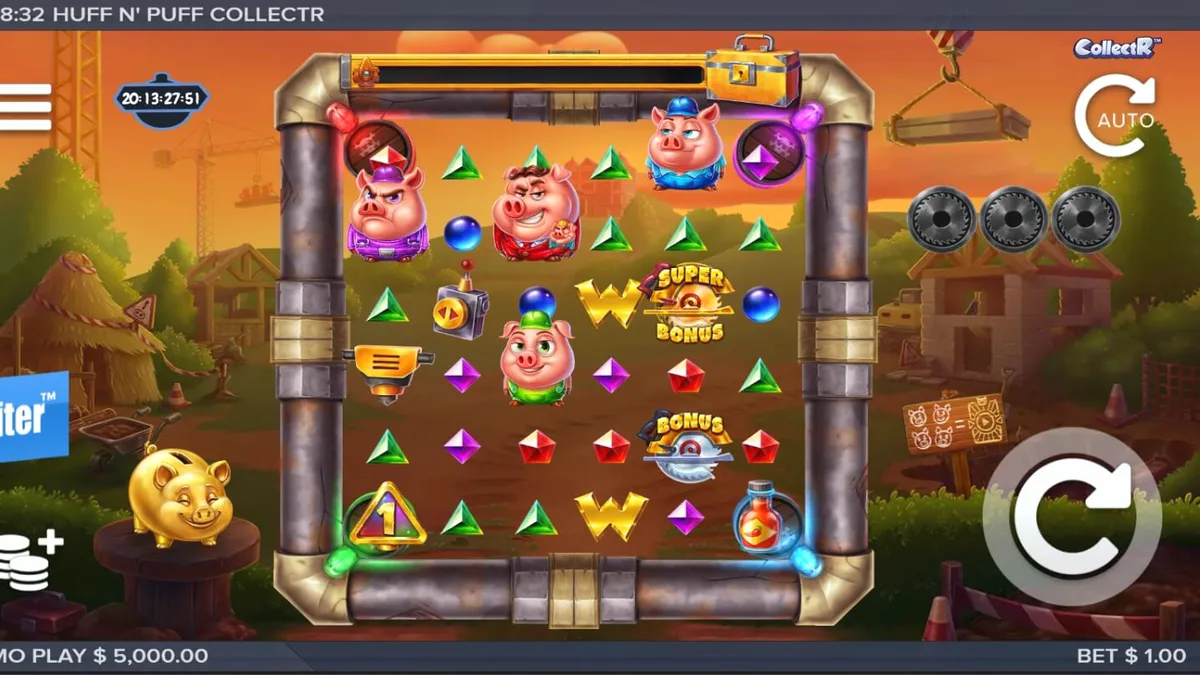Tampilan visual slot Huff n Puff CollectR dengan tema babi konstruksi dan serigala.